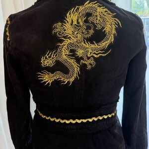 Stylish Black Jean Jacket with Gold Dragon Embroidery